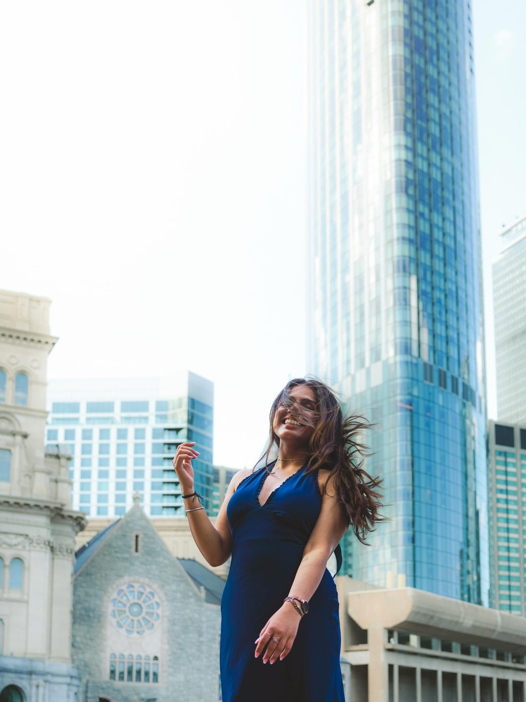 Navy dress editorial at Science Plaza