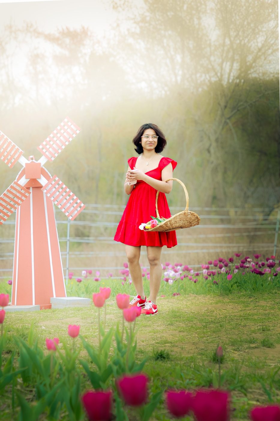 Red dress editorial with tulips